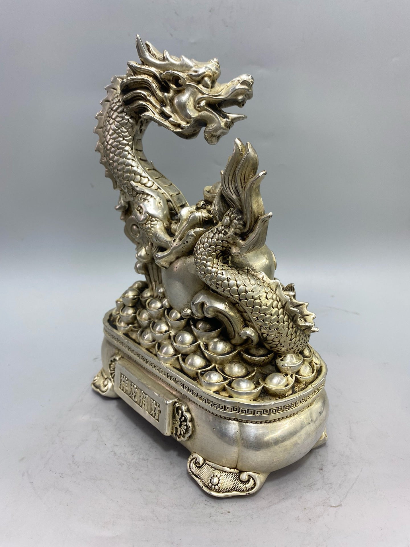 Chinese antique white bronze auspicious dragon wealth attracting ornament