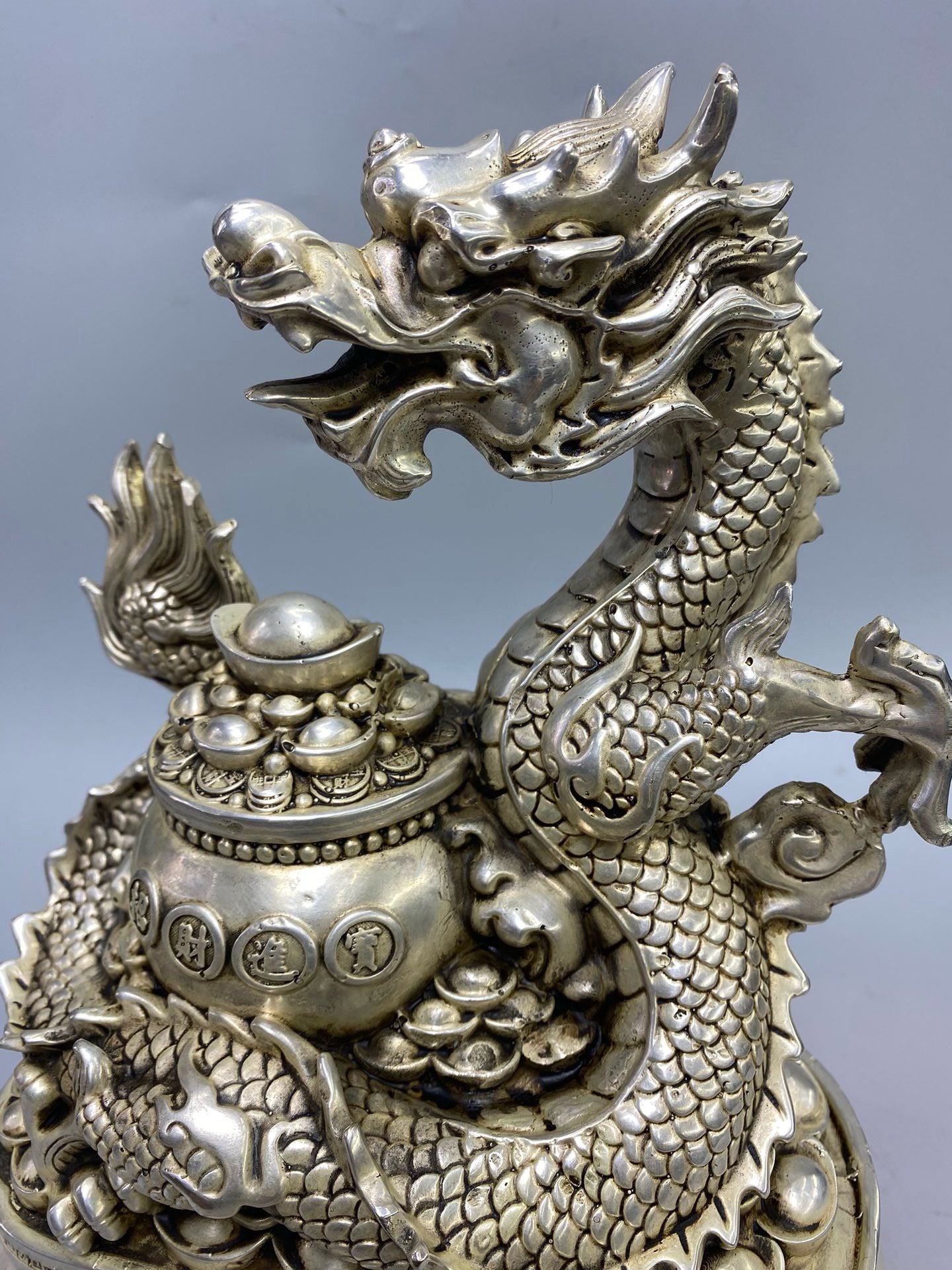 Chinese antique white bronze auspicious dragon wealth attracting ornament