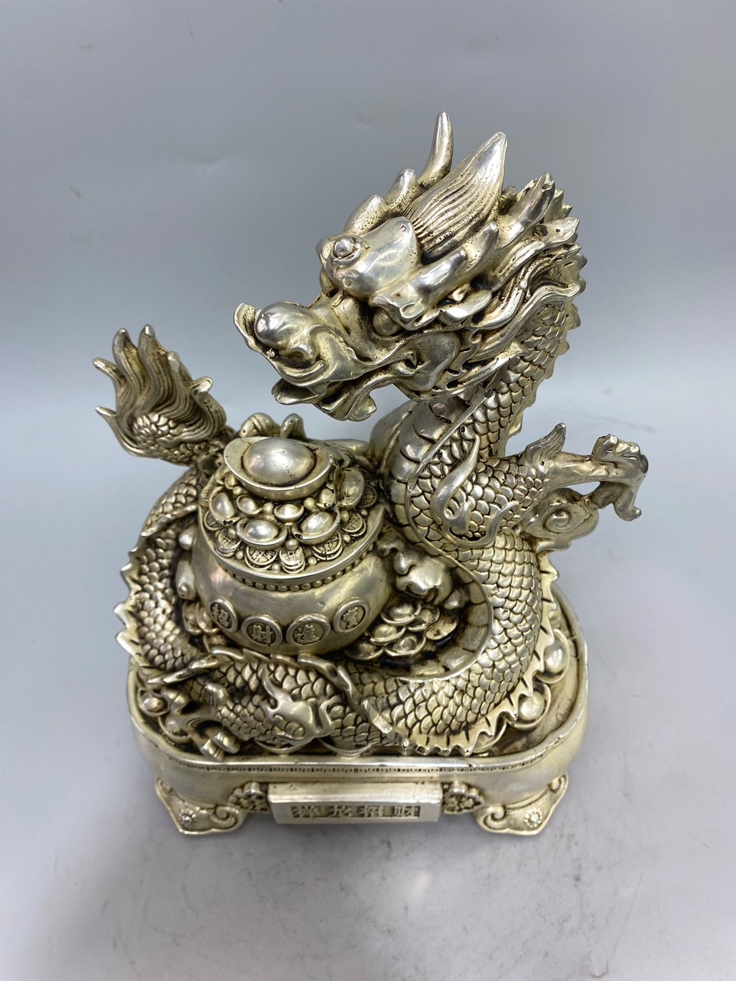Chinese antique white bronze auspicious dragon wealth attracting ornament