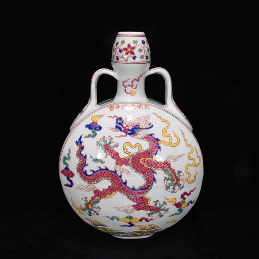Dragon patterned double ear flat gourd bottle