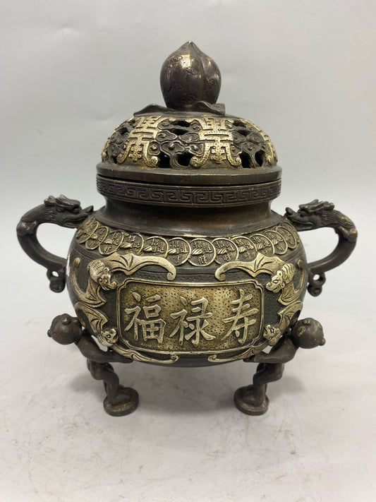 Chinese antique pure copper gilded silver lucky longevity aromatherapy stove