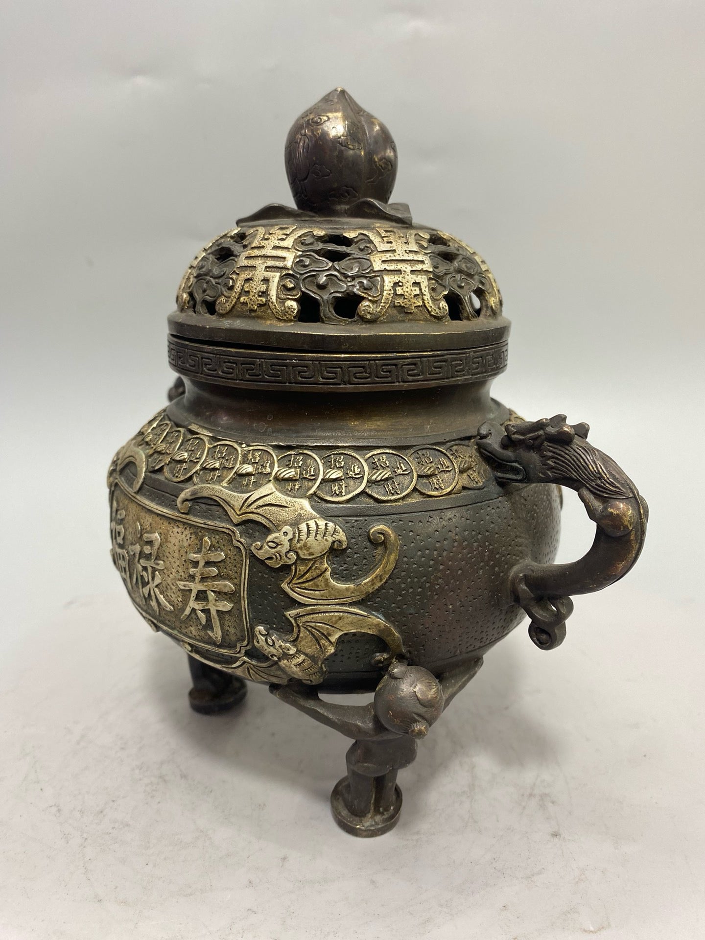 Chinese antique pure copper gilded silver lucky longevity aromatherapy stove