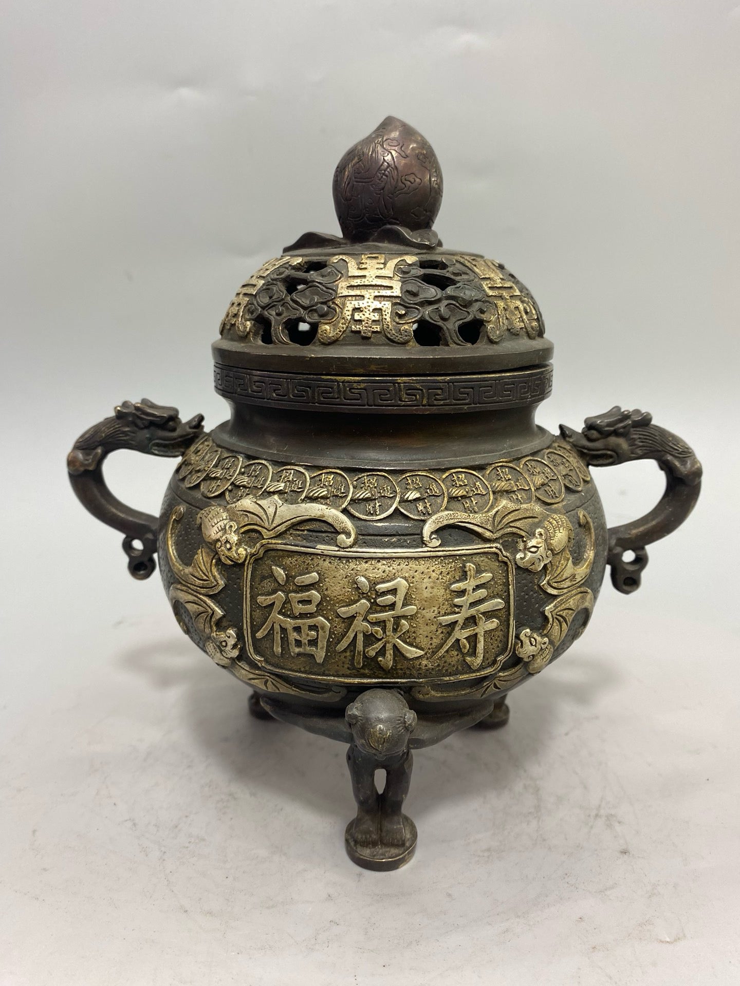 Chinese antique pure copper gilded silver lucky longevity aromatherapy stove