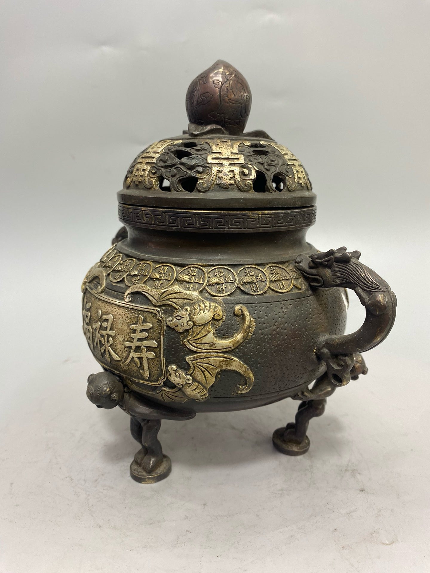 Chinese antique pure copper gilded silver lucky longevity aromatherapy stove