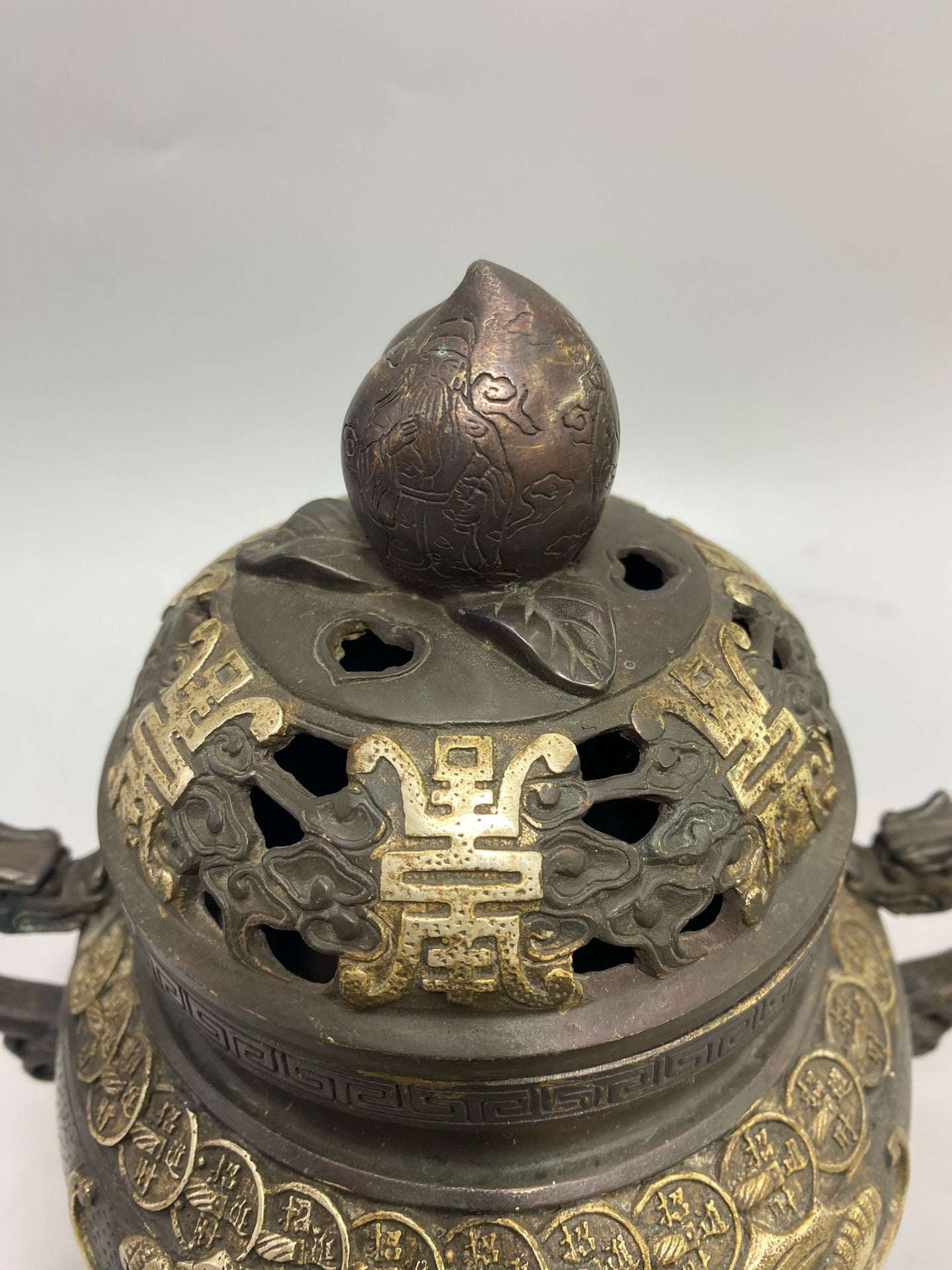 Chinese antique pure copper gilded silver lucky longevity aromatherapy stove