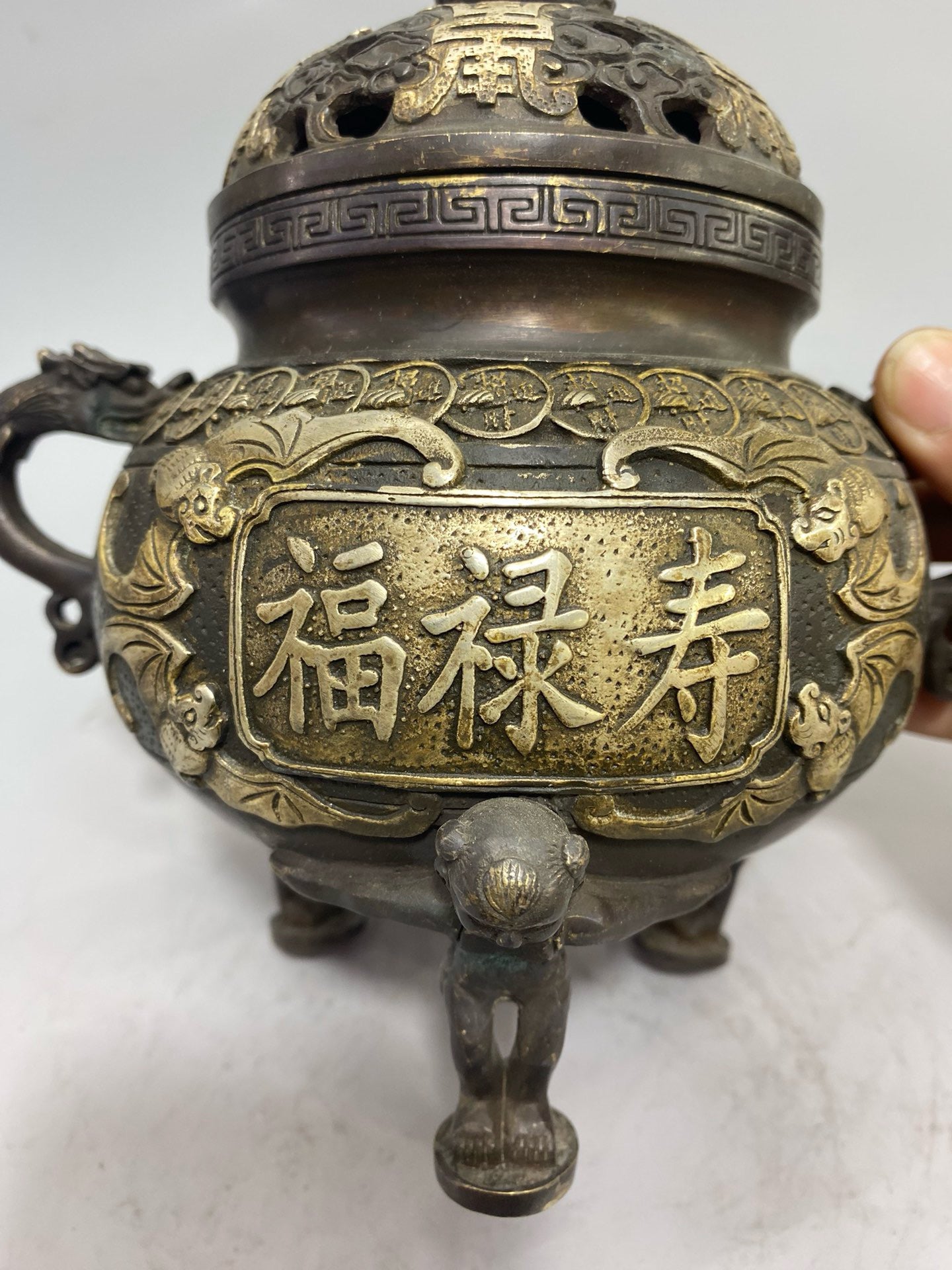 Chinese antique pure copper gilded silver lucky longevity aromatherapy stove