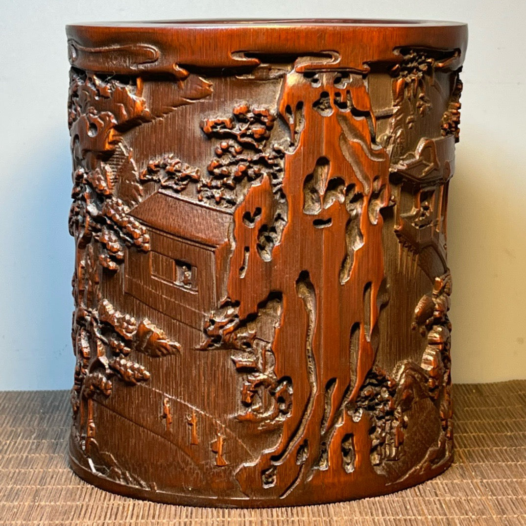 Chinese antique yellow bamboo carved circular pen holder ornament