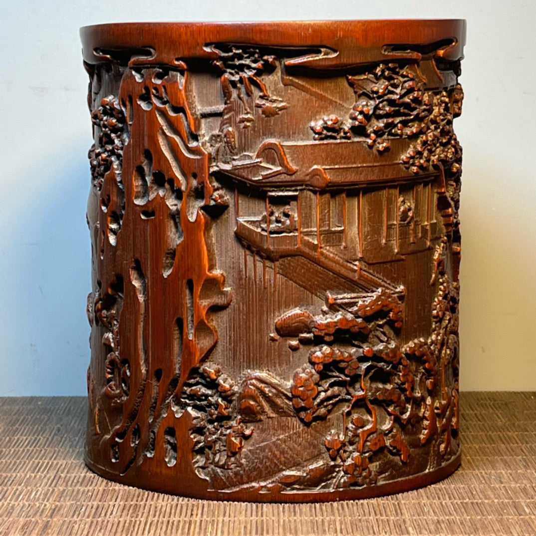 Chinese antique yellow bamboo carved circular pen holder ornament