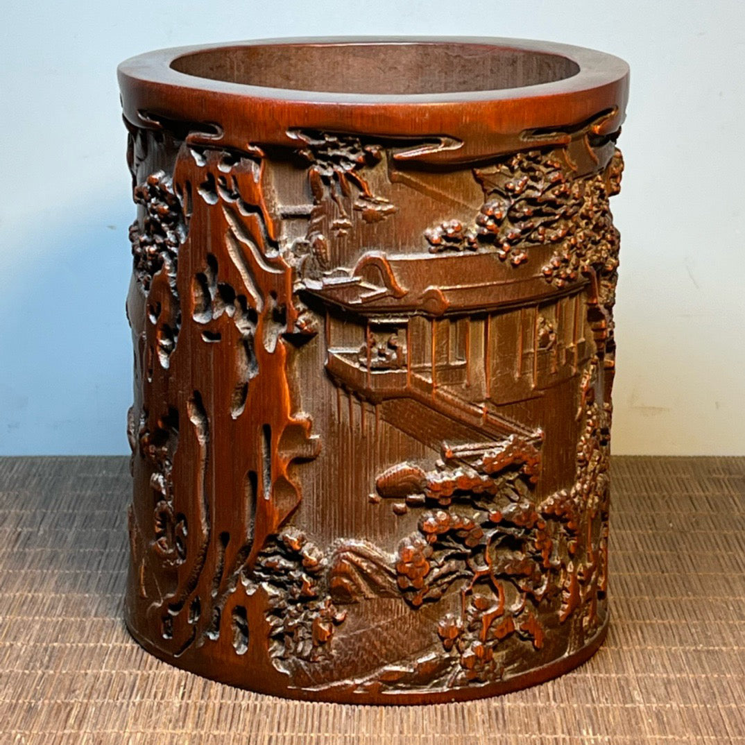 Chinese antique yellow bamboo carved circular pen holder ornament