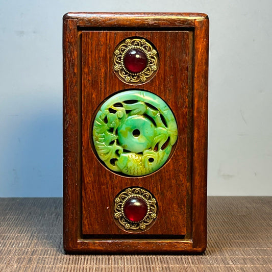 Chinese antique rosewood inlaid jade bead carving mechanism box