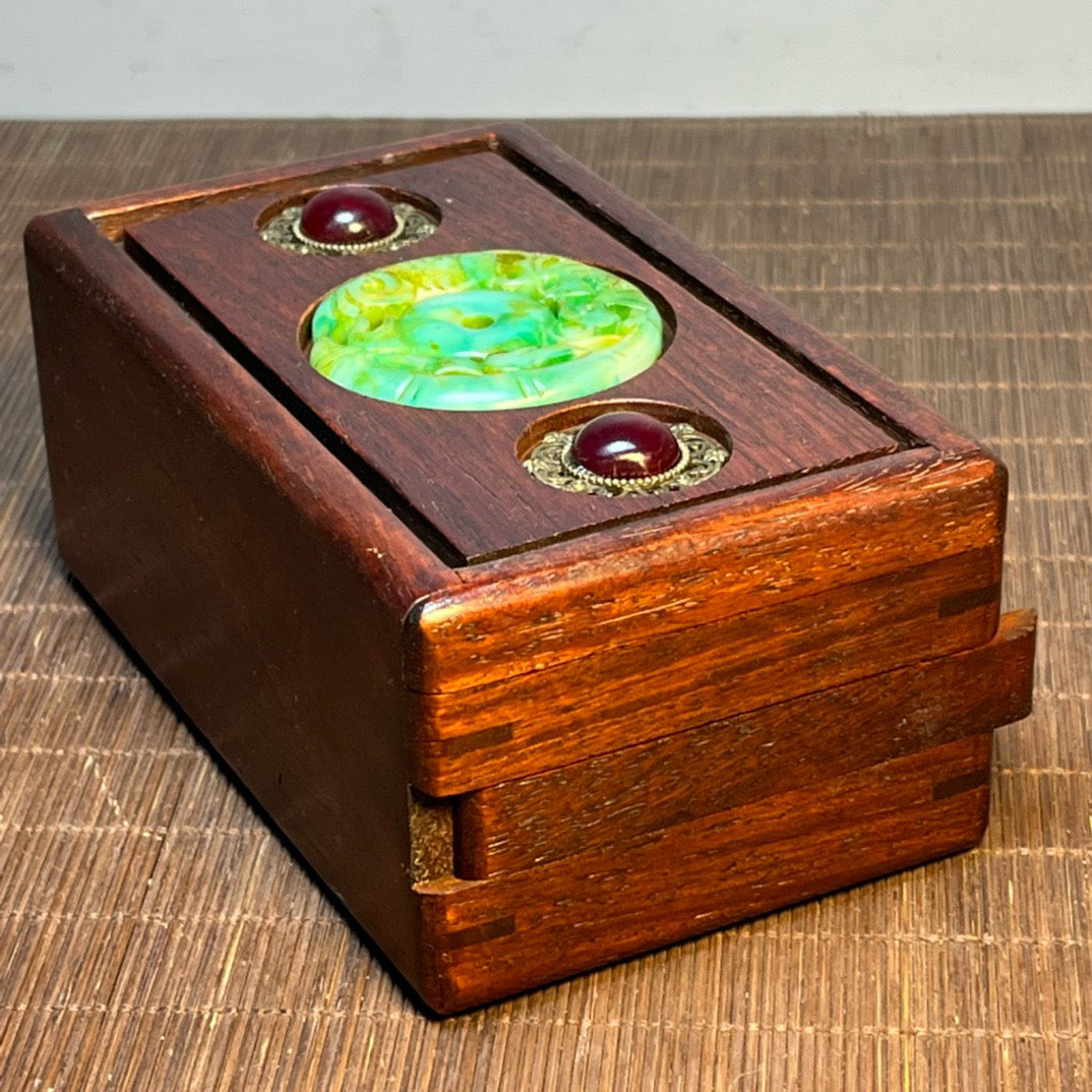 Chinese antique rosewood inlaid jade bead carving mechanism box