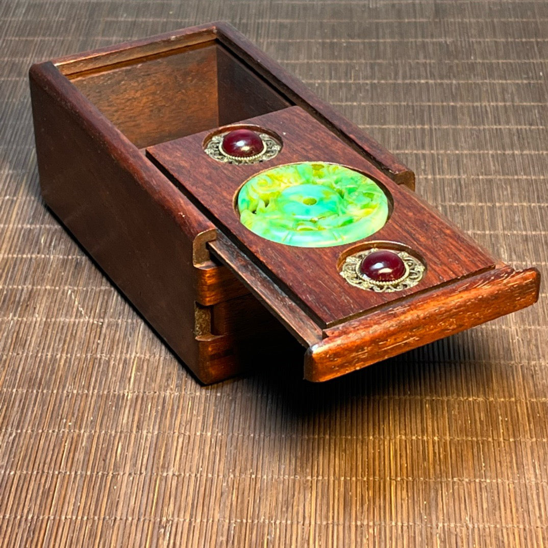 Chinese antique rosewood inlaid jade bead carving mechanism box