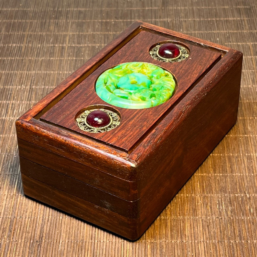 Chinese antique rosewood inlaid jade bead carving mechanism box