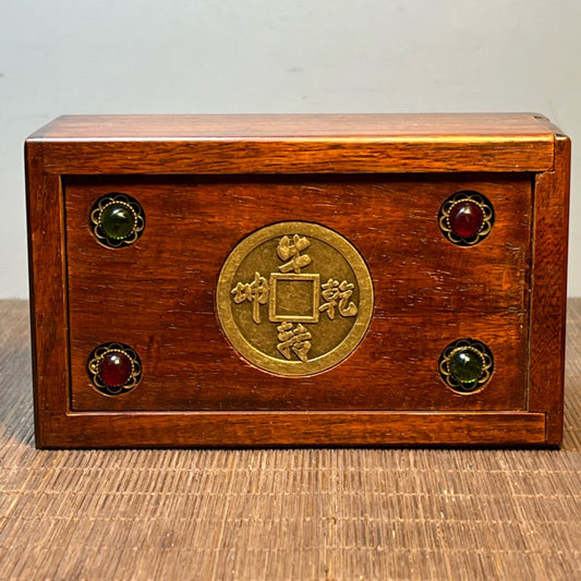 Chinese antique rosewood inlaid jade bead carving mechanism box