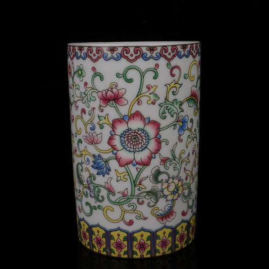 White glazed enamel colored floral pen holder