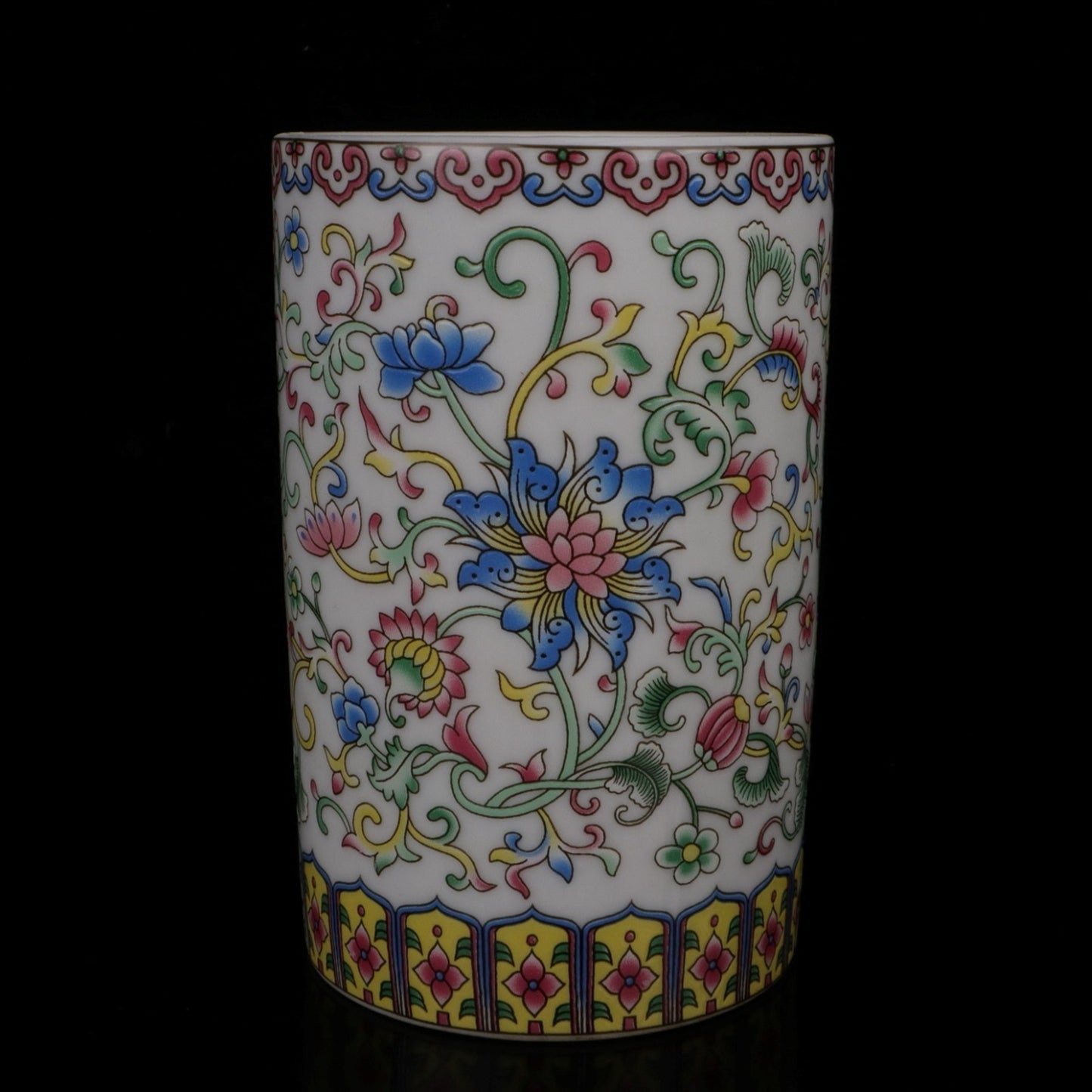 White glazed enamel colored floral pen holder