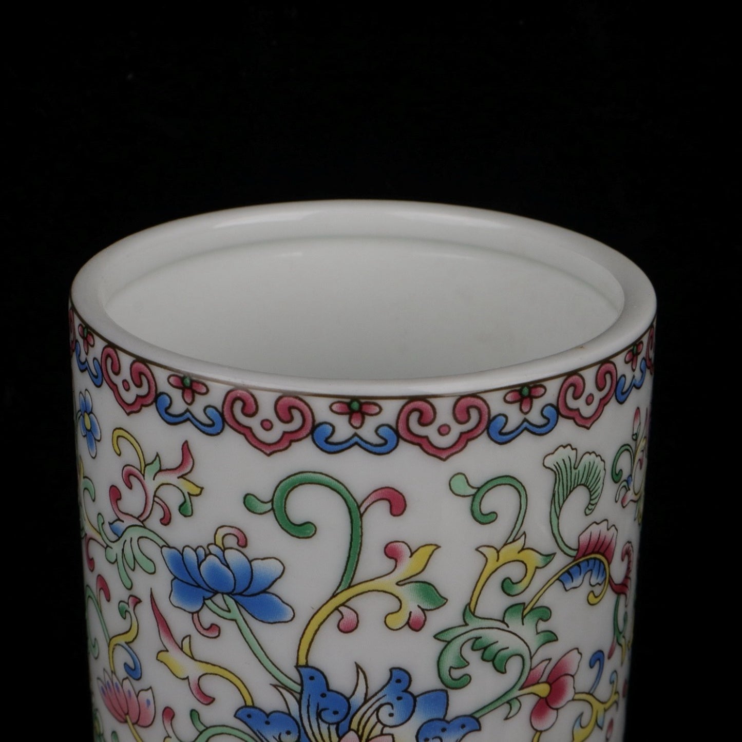 White glazed enamel colored floral pen holder