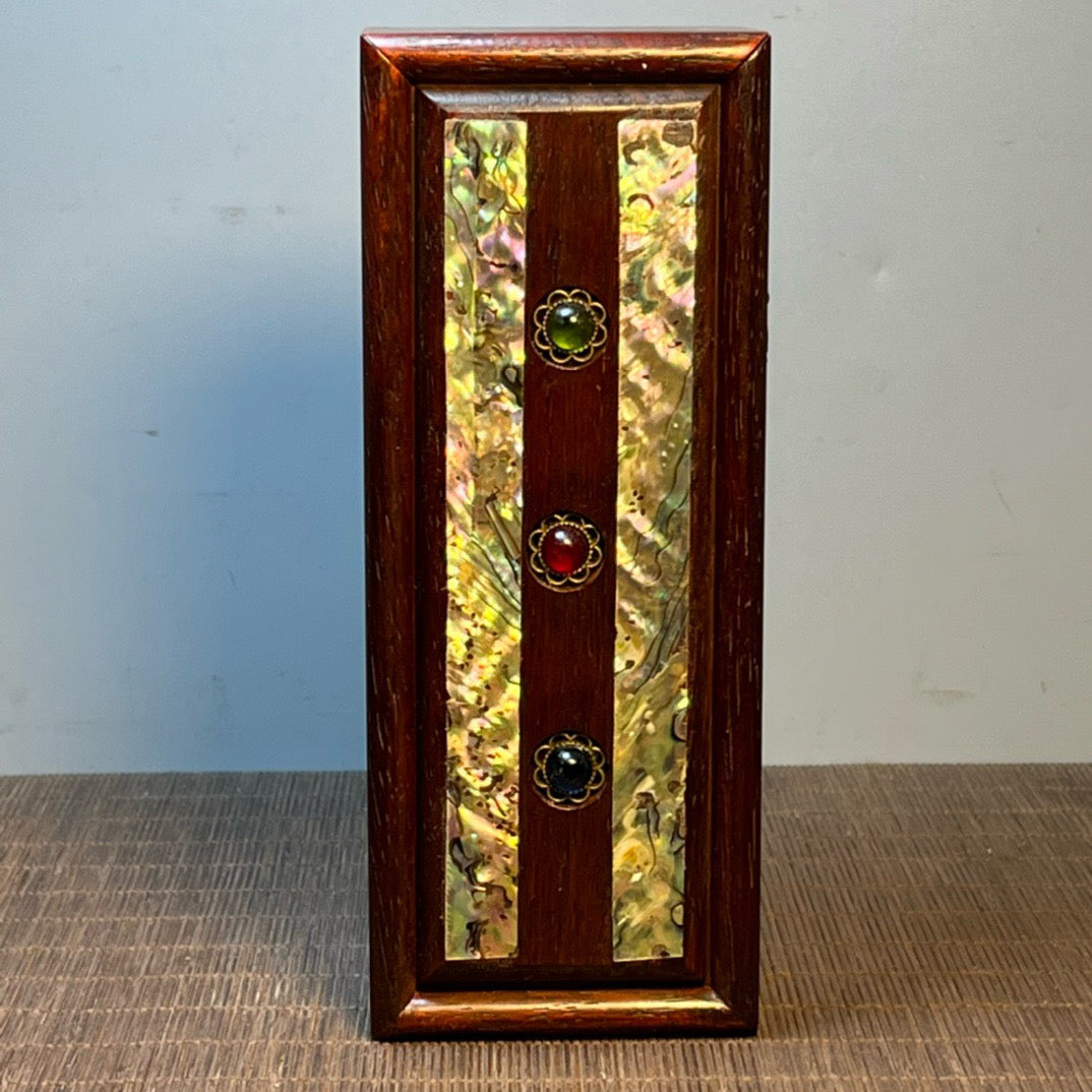 Chinese antique blood sandalwood box, carved rectangular storage box with shell and jade beads