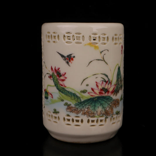 Pink lotus flower and bird pattern hollow pen holder
