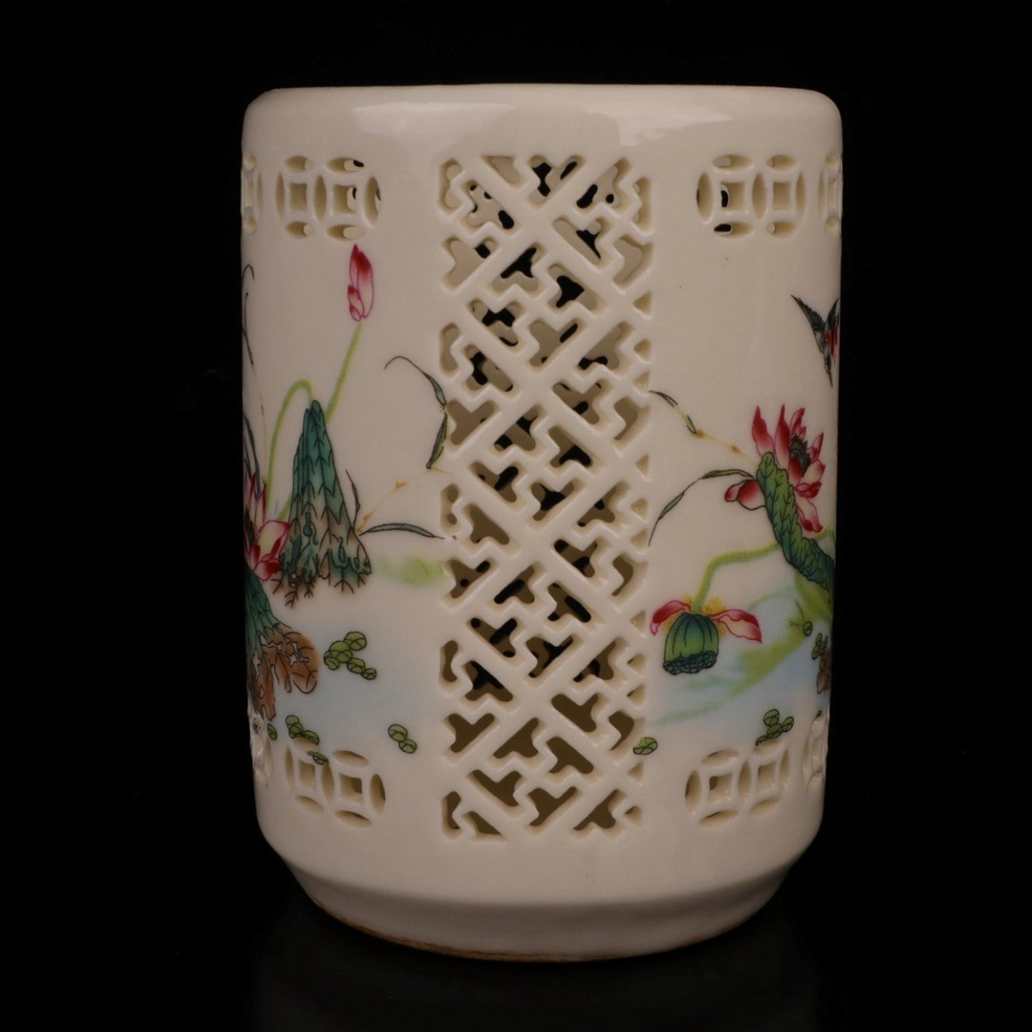 Pink lotus flower and bird pattern hollow pen holder