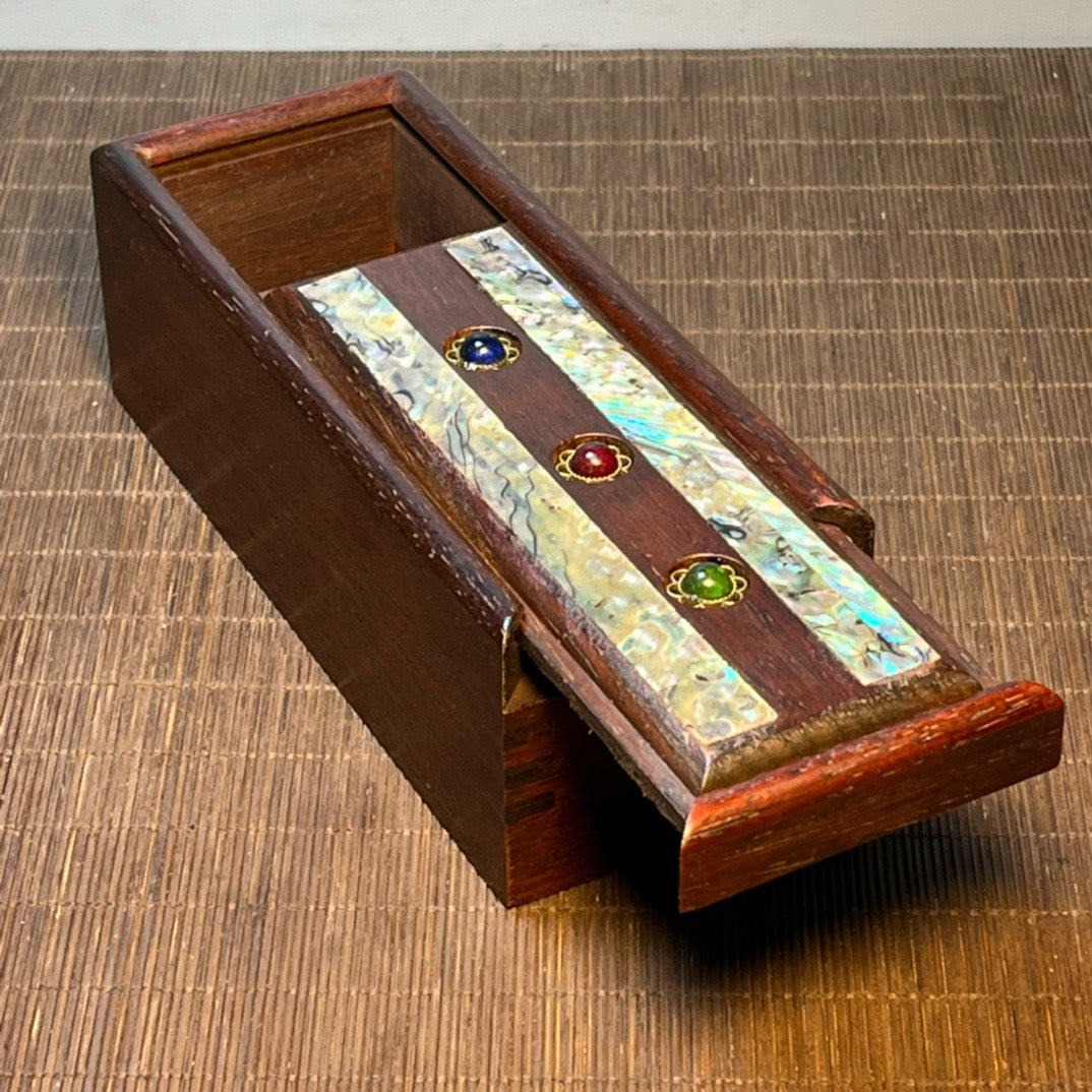 Chinese antique blood sandalwood box, carved rectangular storage box with shell and jade beads