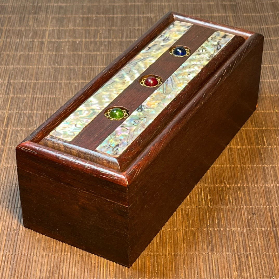 Chinese antique blood sandalwood box, carved rectangular storage box with shell and jade beads