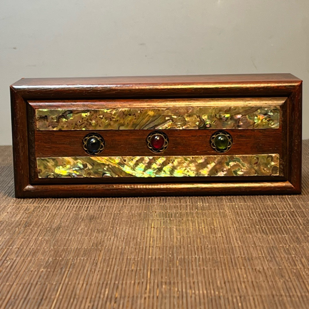 Chinese antique blood sandalwood box, carved rectangular storage box with shell and jade beads