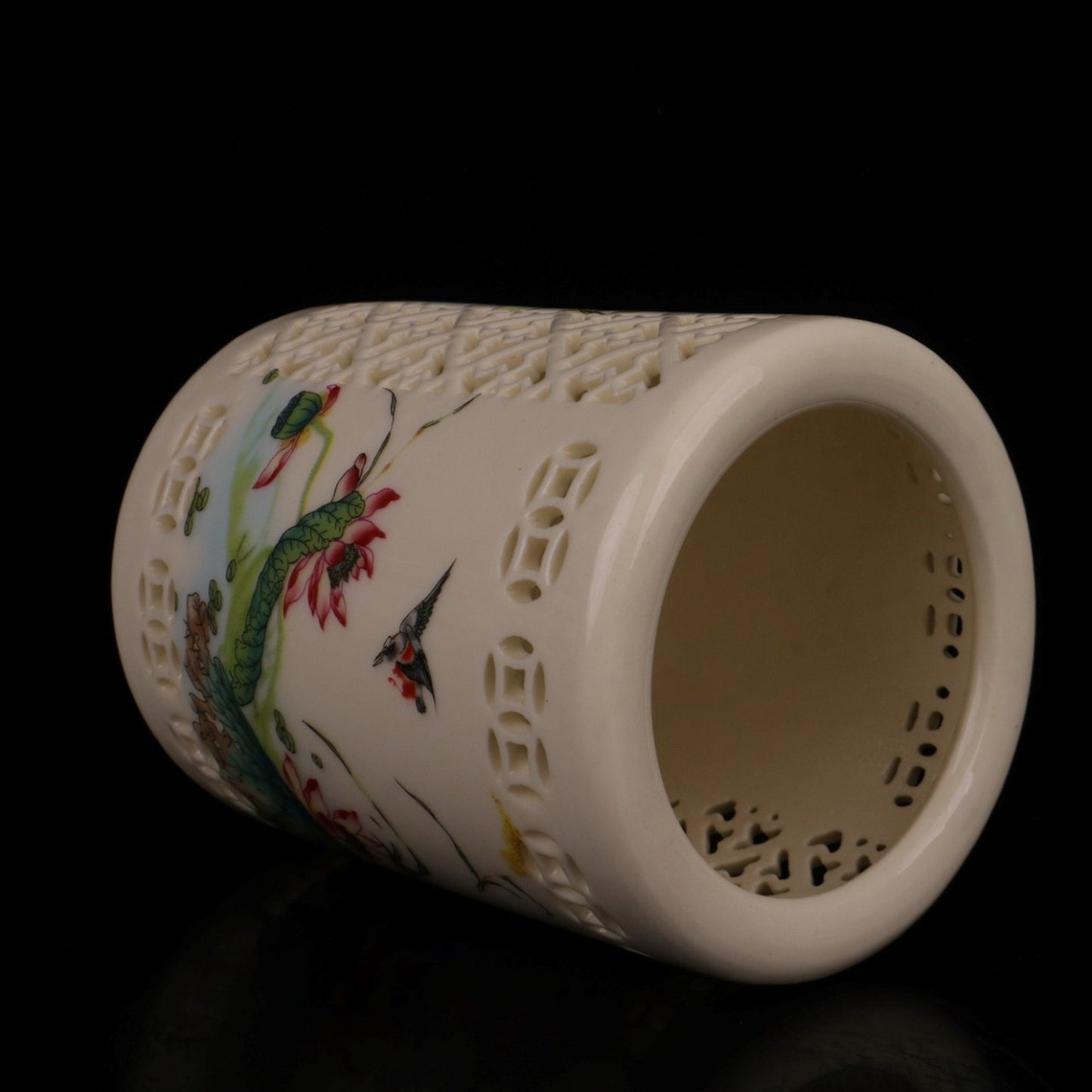 Pink lotus flower and bird pattern hollow pen holder