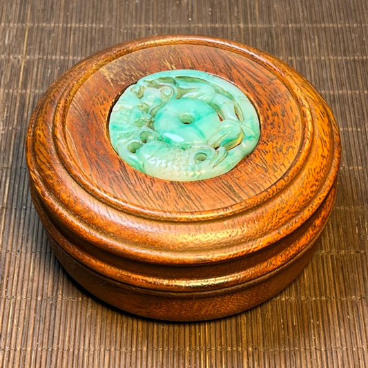 Chinese antique rosewood inlaid jade carving small circular handmade box