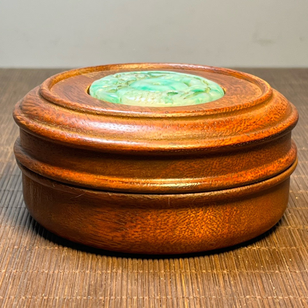 Chinese antique rosewood inlaid jade carving small circular handmade box