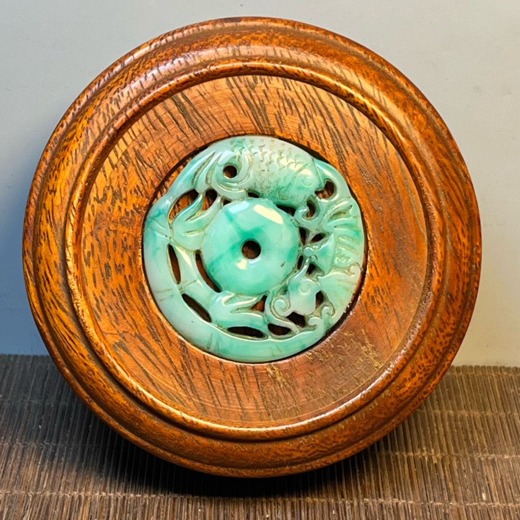 Chinese antique rosewood inlaid jade carving small circular handmade box