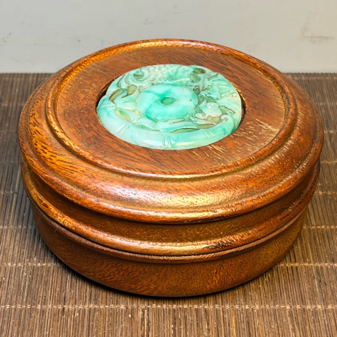 Chinese antique rosewood inlaid jade carving small circular handmade box