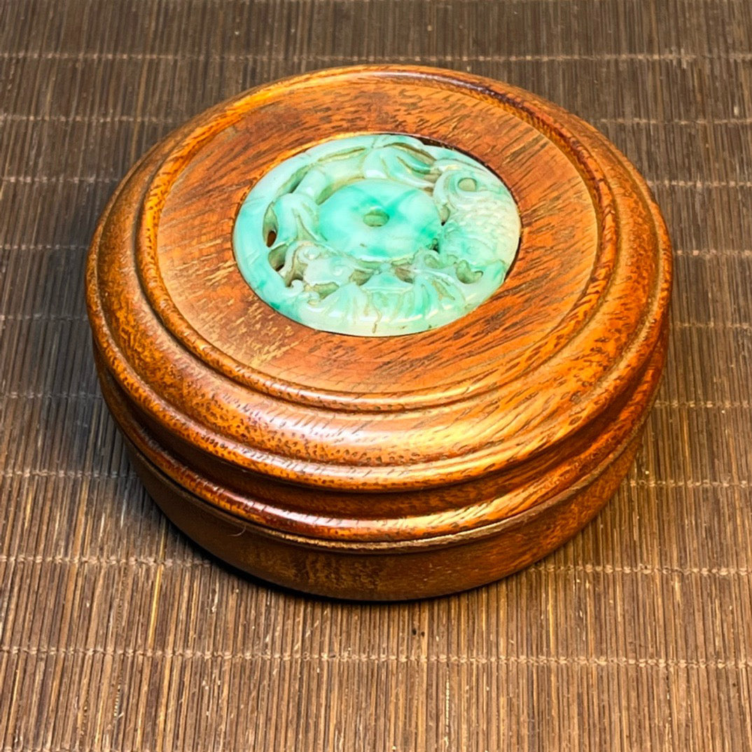 Chinese antique rosewood inlaid jade carving small circular handmade box