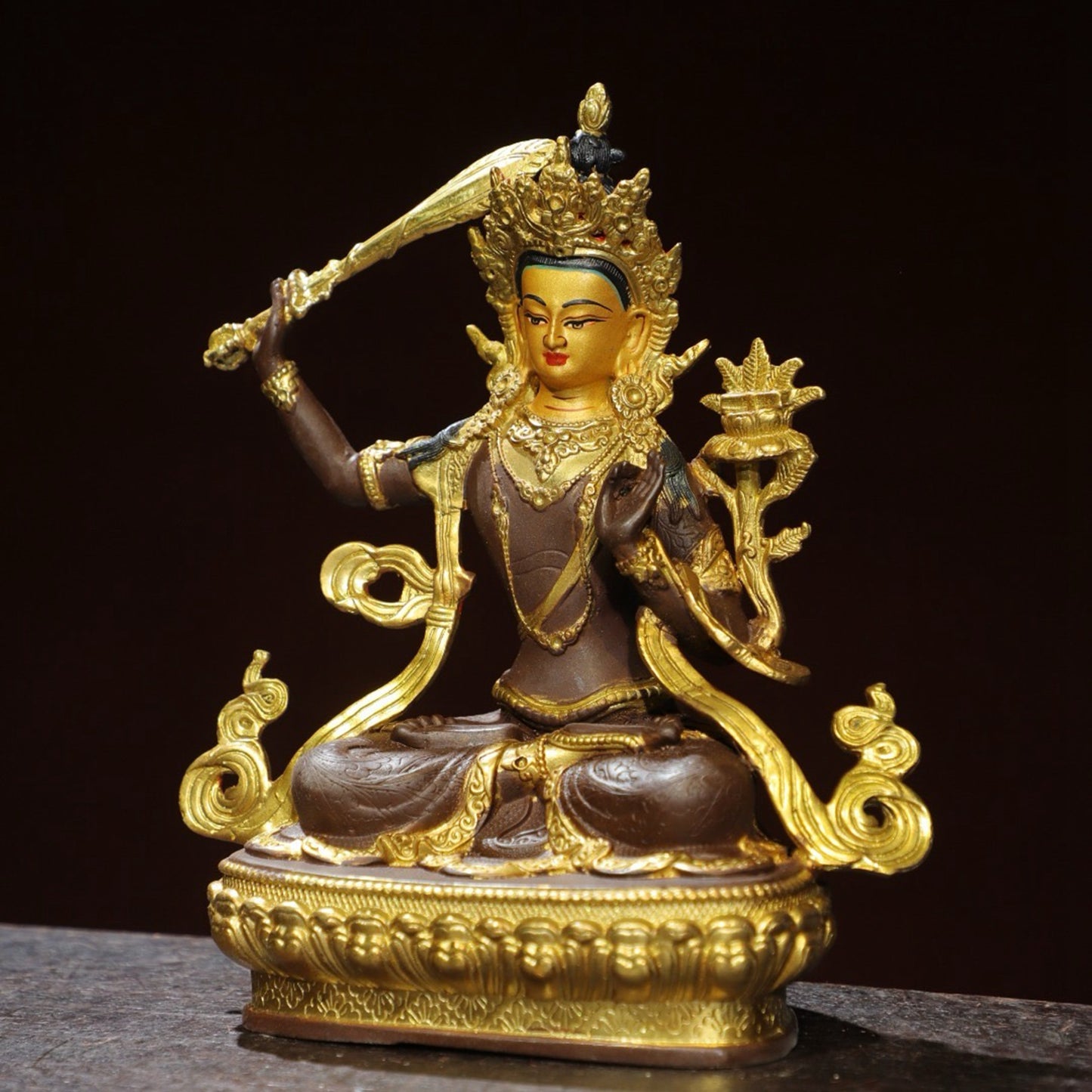 Bronze painted Buddha statue of Manjushri Bodhisattva