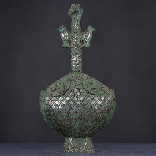 Chinese antique bronze staggered silver flat teapot