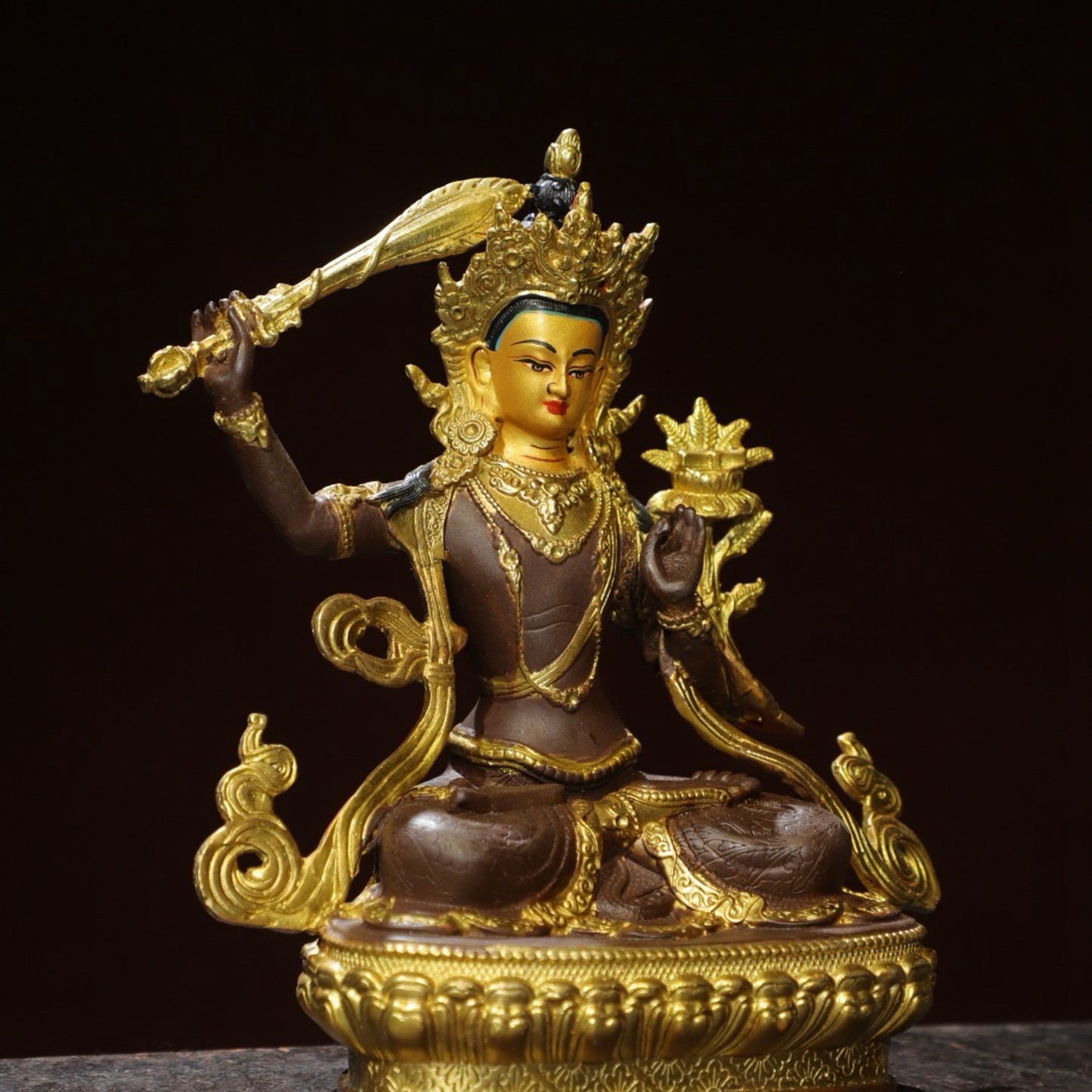 Bronze painted Buddha statue of Manjushri Bodhisattva