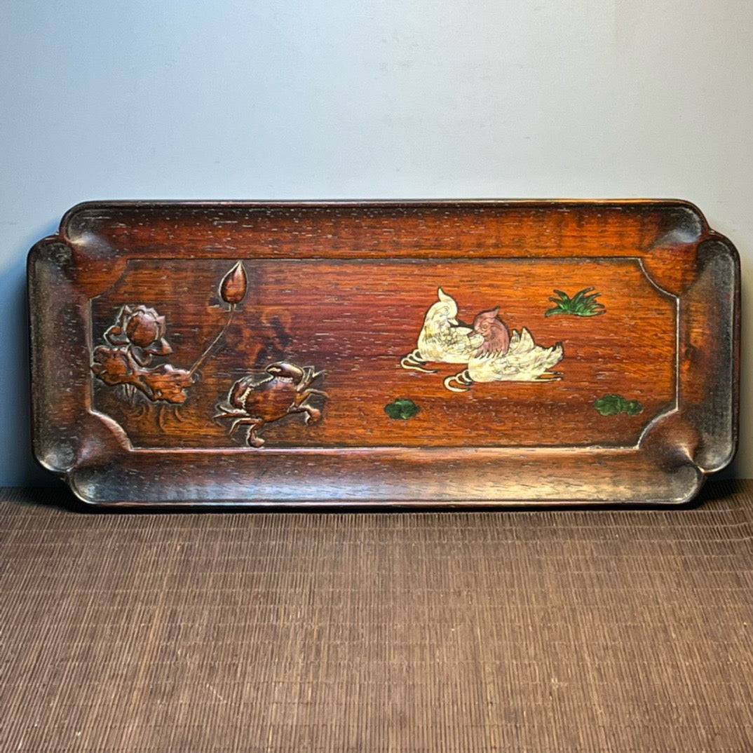 Chinese antique blood sandalwood inlaid with seashell carved tea plate ornaments