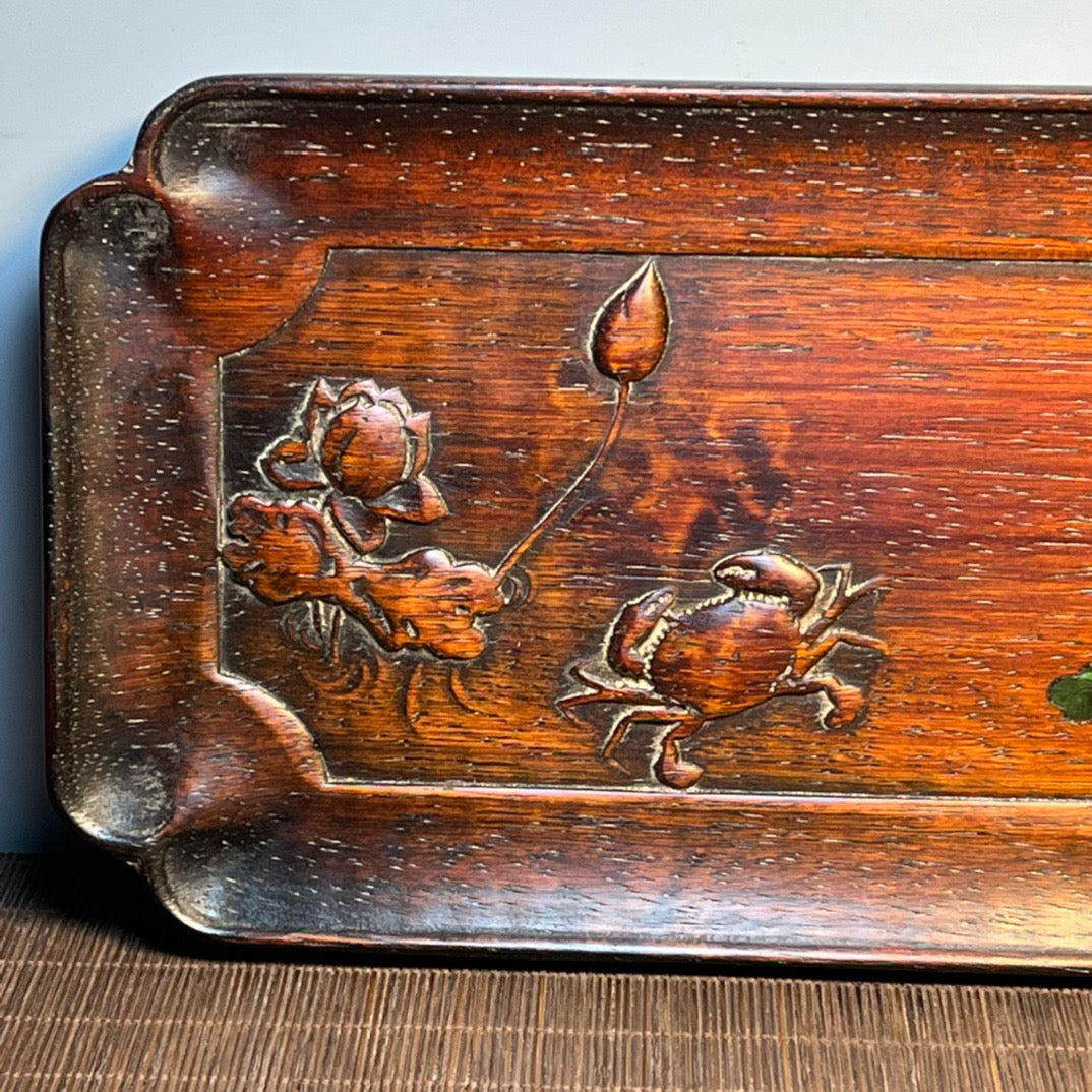 Chinese antique blood sandalwood inlaid with seashell carved tea plate ornaments