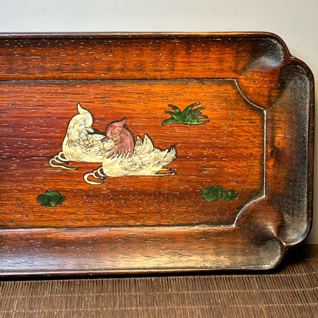 Chinese antique blood sandalwood inlaid with seashell carved tea plate ornaments