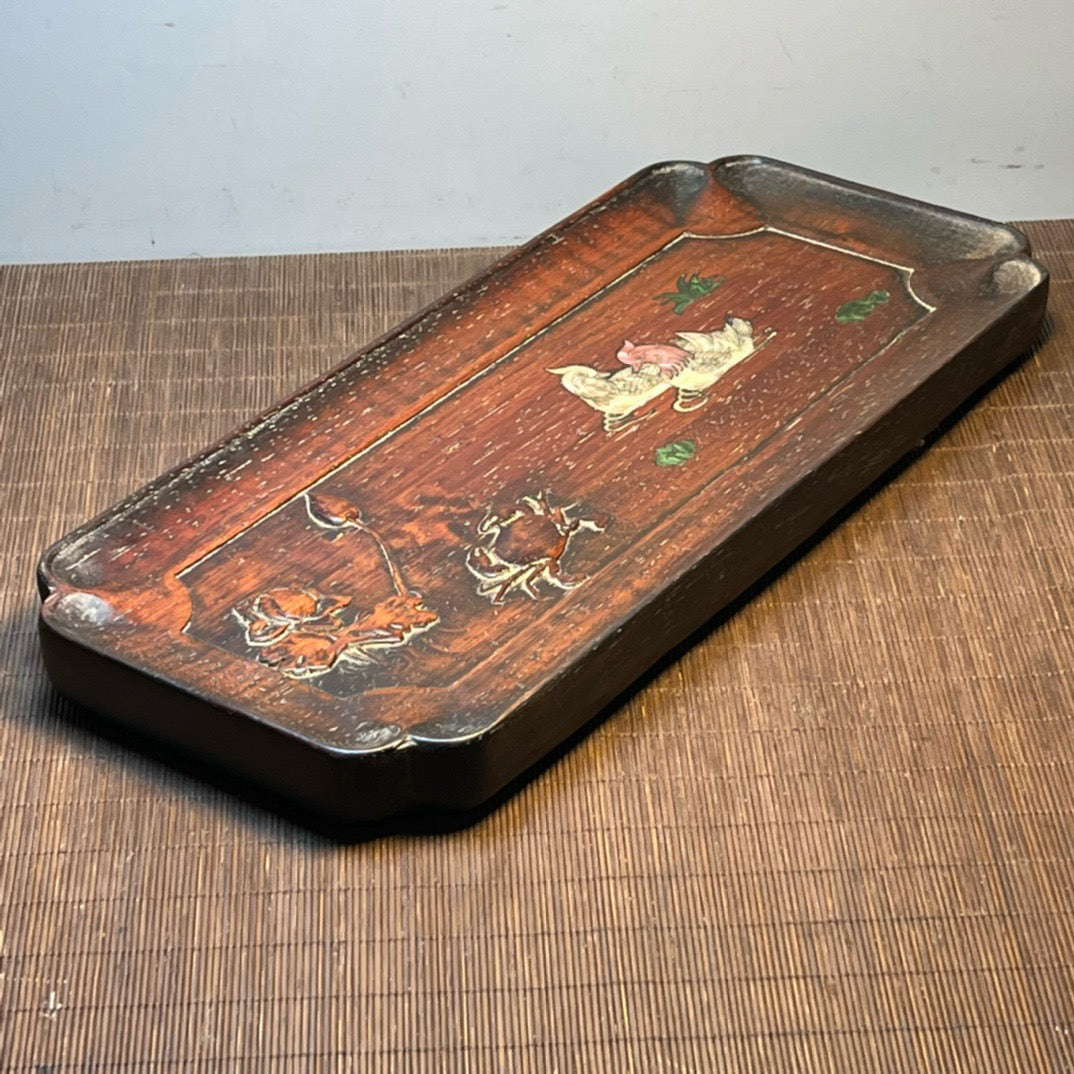 Chinese antique blood sandalwood inlaid with seashell carved tea plate ornaments