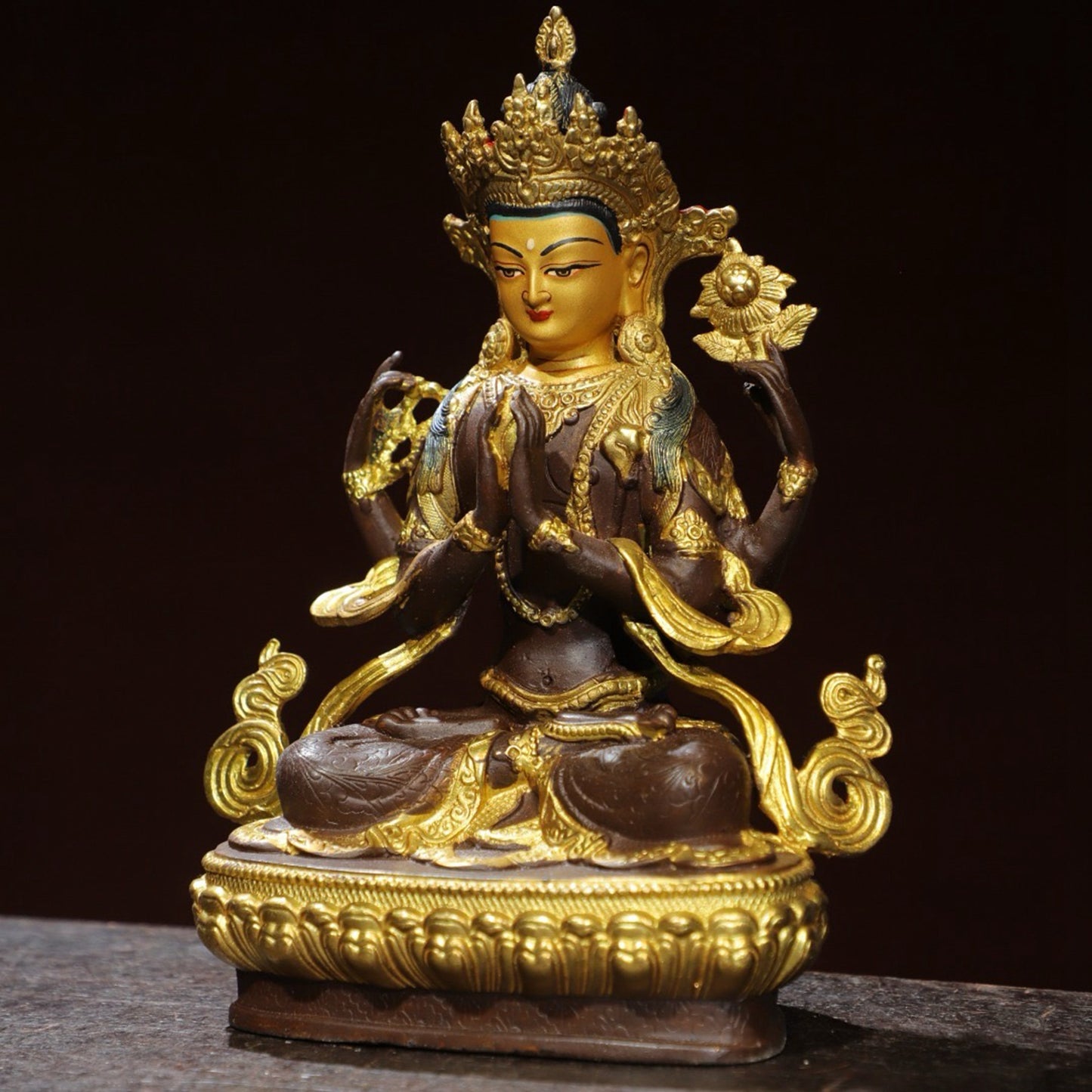Bronze painted [Four armed Guanyin] Buddha statue