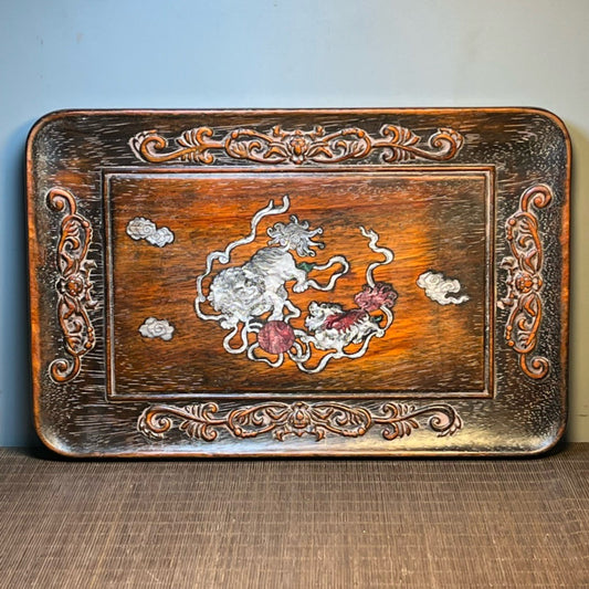 Chinese antique blood sandalwood inlaid with seashell carved tea plate ornaments