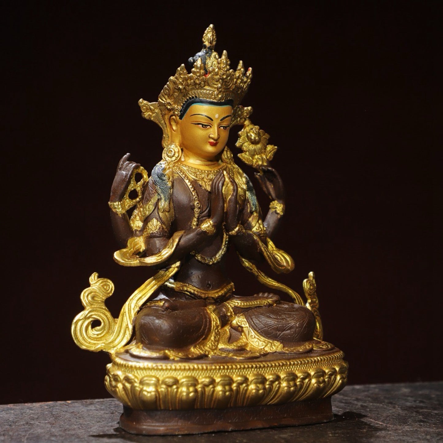 Bronze painted [Four armed Guanyin] Buddha statue