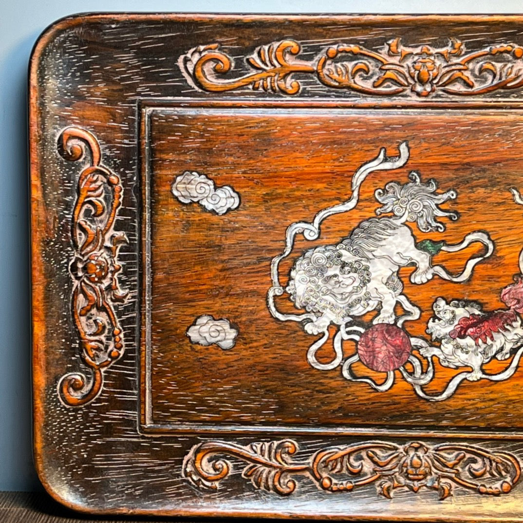 Chinese antique blood sandalwood inlaid with seashell carved tea plate ornaments