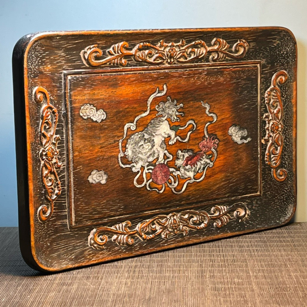 Chinese antique blood sandalwood inlaid with seashell carved tea plate ornaments