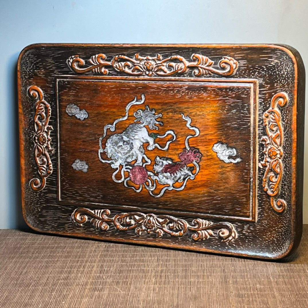 Chinese antique blood sandalwood inlaid with seashell carved tea plate ornaments