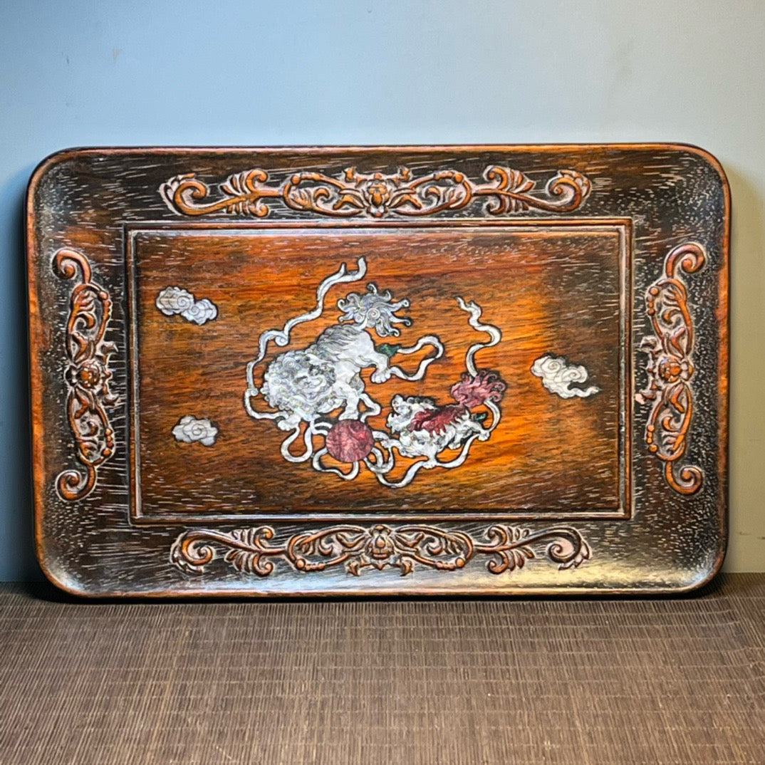 Chinese antique blood sandalwood inlaid with seashell carved tea plate ornaments