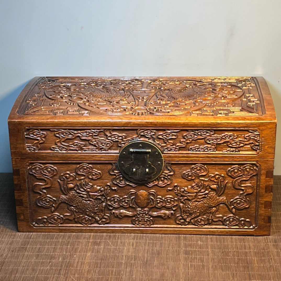 Chinese antique rosewood carved drum shaped storage box, jewelry box