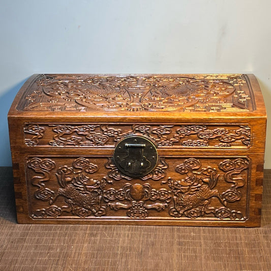 Chinese antique rosewood carved drum shaped storage box, jewelry box