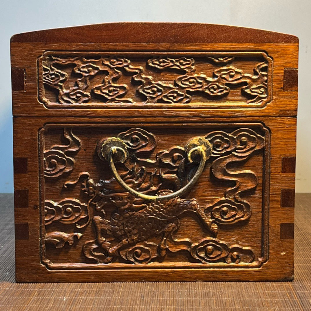 Chinese antique rosewood carved drum shaped storage box, jewelry box